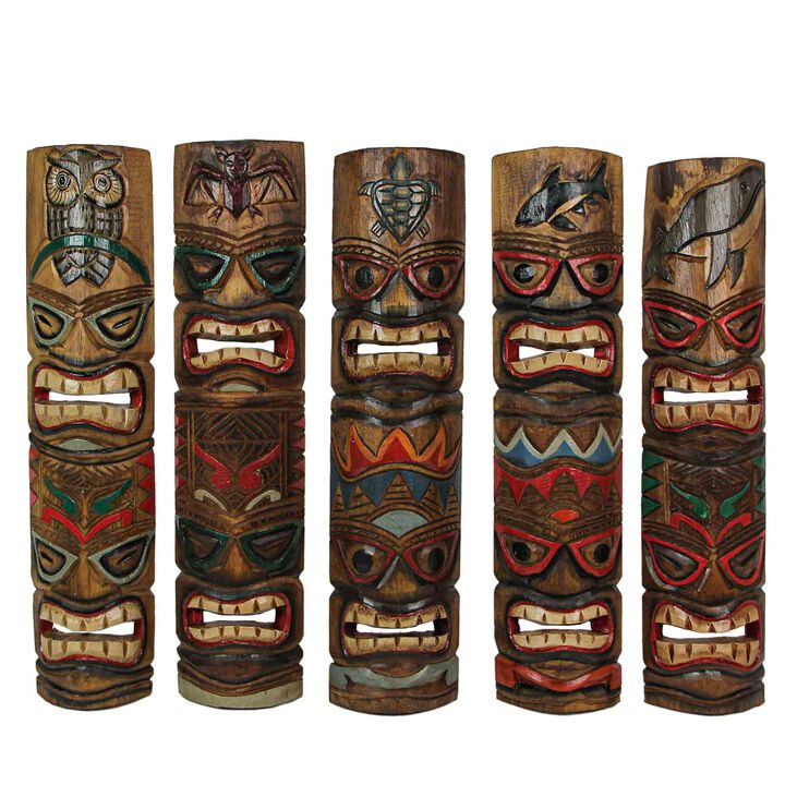 Set of 5 Double Tiki Mask Animal Totem Hand Carved Wall Decor Sculpture 24 Inch