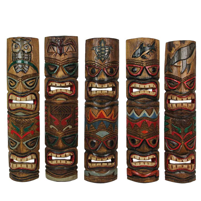 Set of 5 Double Tiki Mask Animal Totem Hand Carved Wall Decor Sculpture 24 Inch image number 0