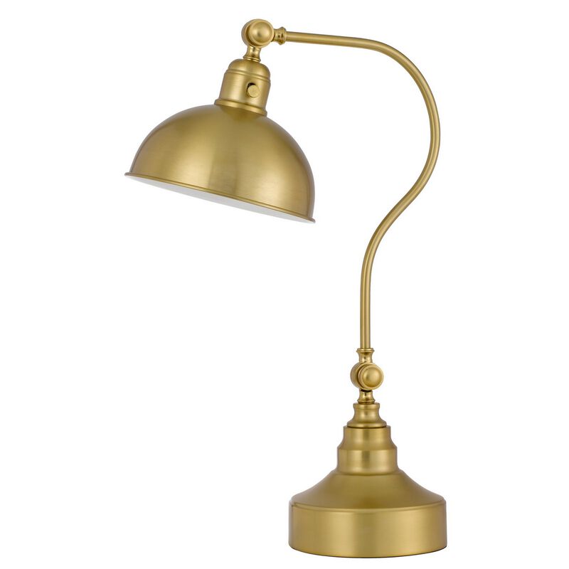 25 Inch Metal Curved Desk Lamp, Adjustable Dome Shade, Brass-Benzara