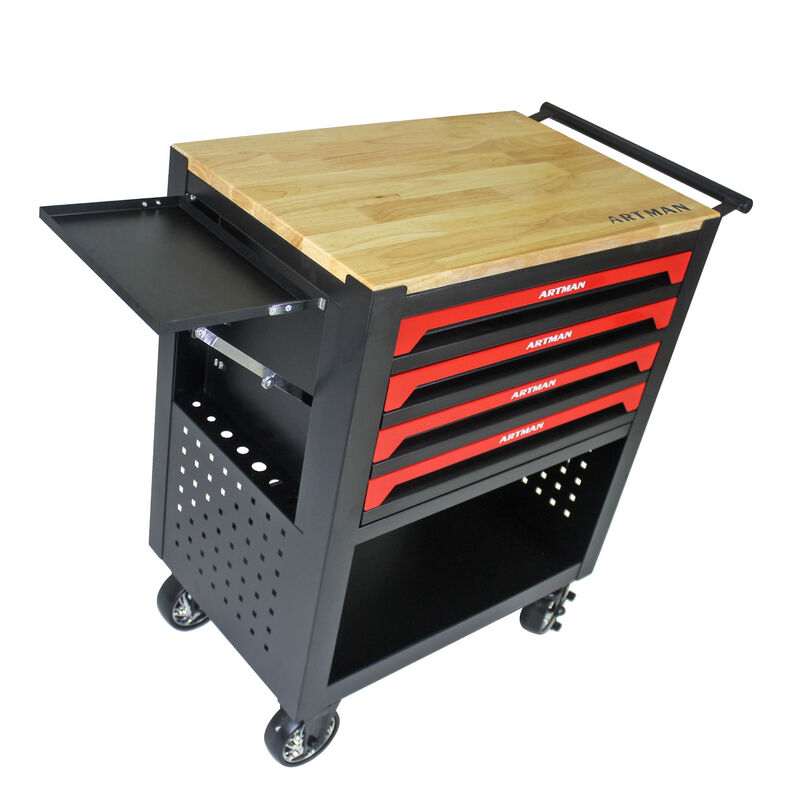 4 DRAWERS MULTIFUNCTIONAL TOOL CART WITH TOOL SET AND WOODEN TOP