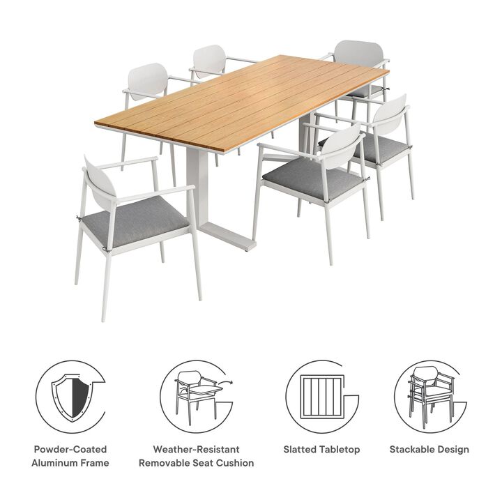 Modway Aeris 7-Piece Outdoor Patio Dining Set in Charcoal &ndash; 91 Inch Rectangular Aluminum Dining Table with Slatted Faux Wood Top and Outdoor Chairs - Patio Dining Set for 6