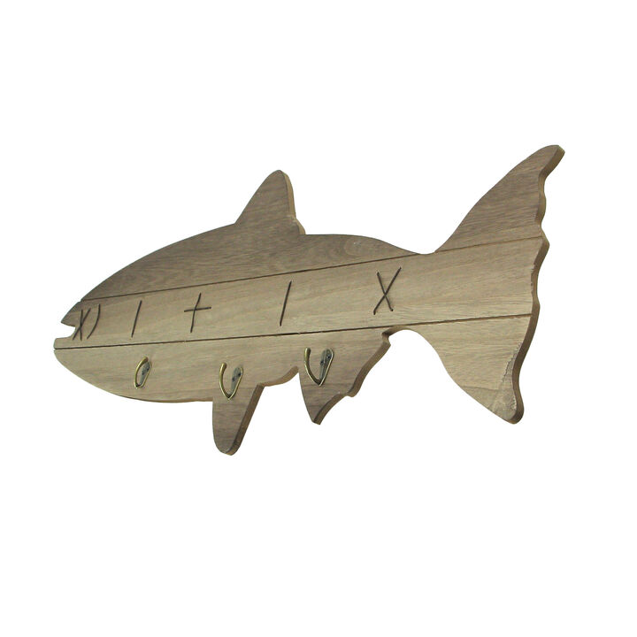 Distressed Wooden Fish Shaped 3 Hook Hanging Wall Rack 27.5 Inches Long