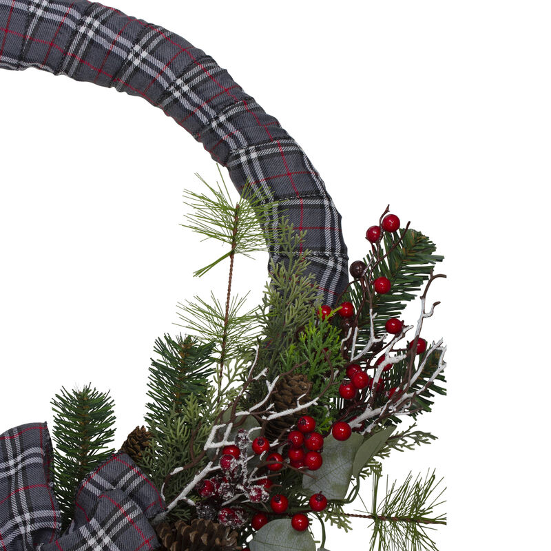 Gray and Red Plaid Artificial Christmas Wreath with Red Berries - 24-Inch  Unlit