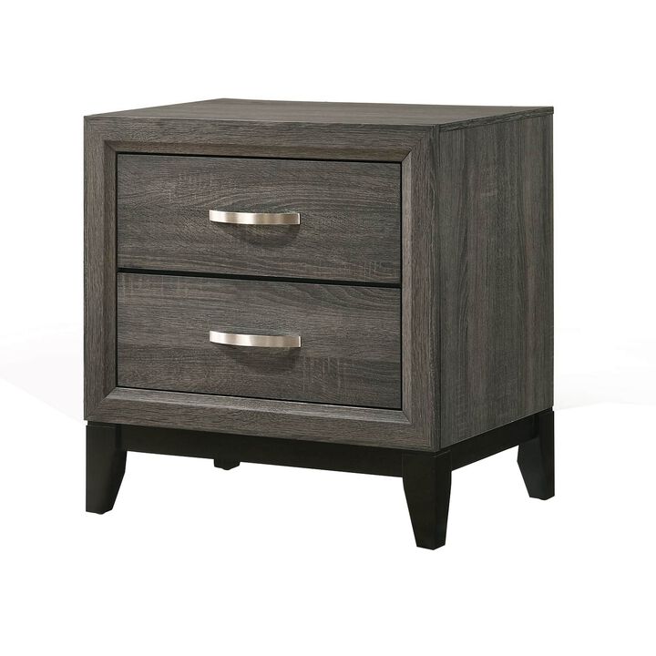Two Drawer Nightstand With Tapered Feet, Weathered Gray-Benzara
