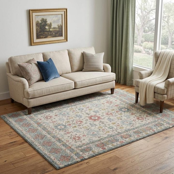 HomeRoots 5' X 8' Ivory and Blue Wool Oriental Hand Tufted Non Skid Area Rug