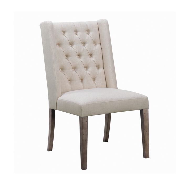 Neli 22 Inch Dining Chair, Set of 2, Wingback, Button Tufted, Beige Fabric-Benzara