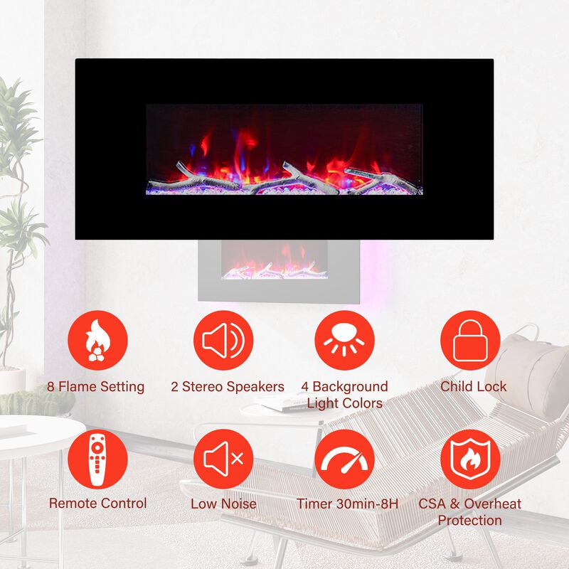 42 Inch 1500W Wall-Mount Fireplace with Multicolor Flame