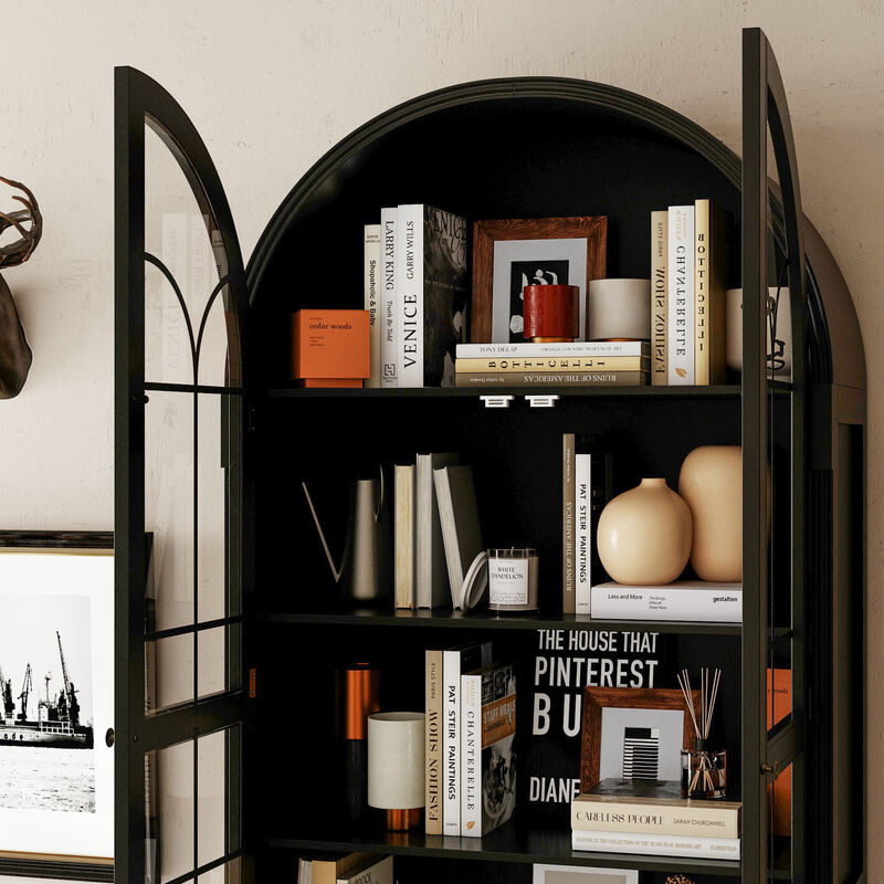 FUFU&GAGA Modern Storage Cabinet with 2 Glass Doors and 1 Drawer, Vintage Handles, Solid Painted Wood Legs, Tall Base Design (34.6 in. W x 15.7 in. D x 77.2 in. H), Black