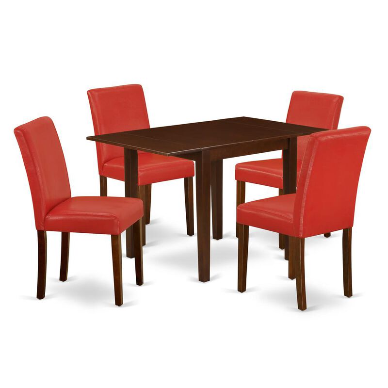 1NDAB5-MAH-72 Dinette Set 5 Pc - Four Kitchen Chairs and a Modern Dining Table - Mahogany Finish Hardwood - Firebrick Red Color Pu Leather