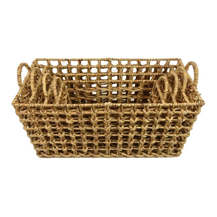 Set of 4 Storage Baskets, Intricately Woven Hyacinth Rope Handles, Brown - Benzara
