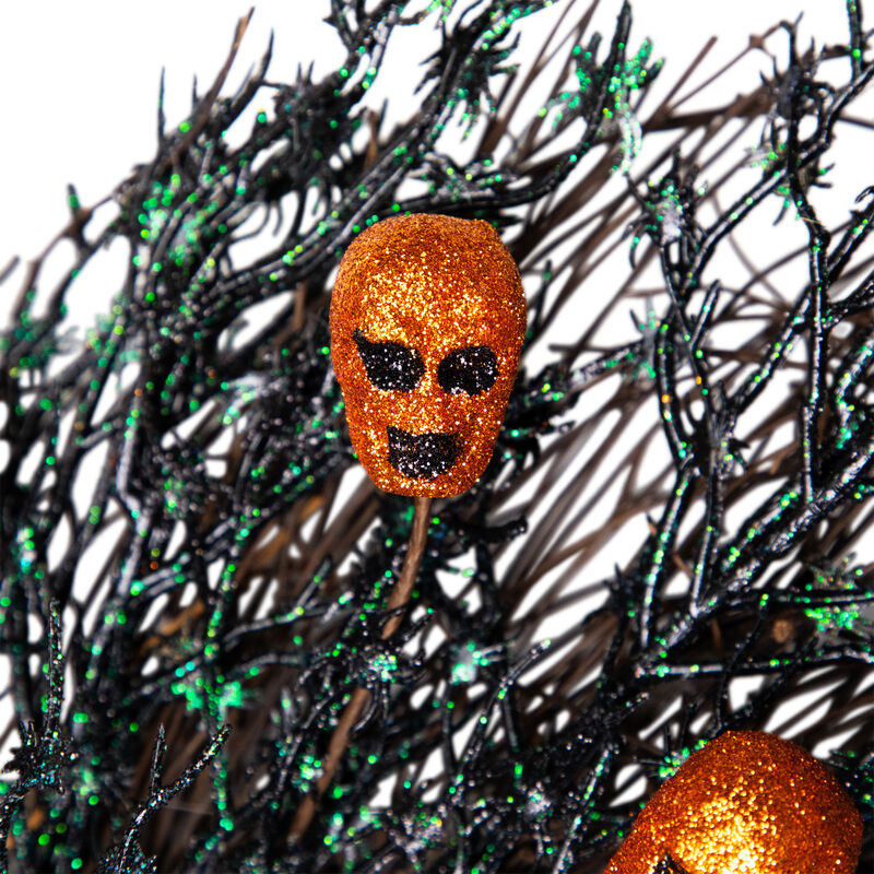 Black and Orange Skulls and Spiders Halloween Twig Wreath  22-Inch  Unlit image number 5