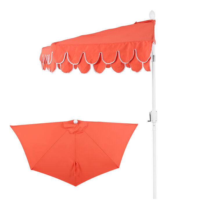 Terrace Arc 9 ft. Classic White Pole MidCentury Scalloped Fringe Market Patio Half Umbrella with Crank, Tilt Button and UV Protection