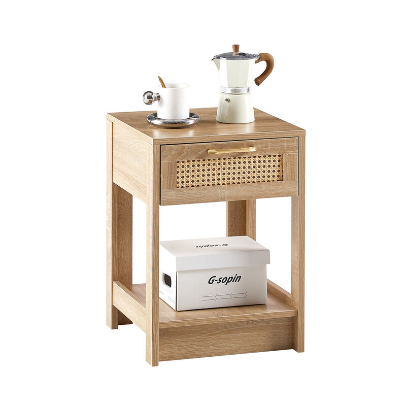 Stylish Rattan End Table with Drawer for Living Room and Bedroom