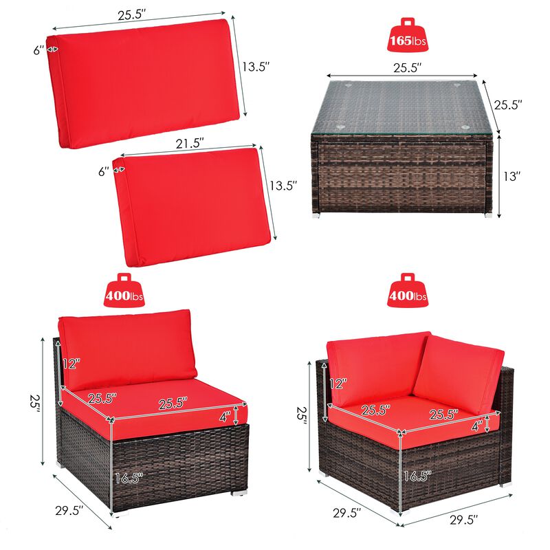 6 Pieces Patio Rattan Furniture Set with Cushions and Glass Coffee Table image number 4