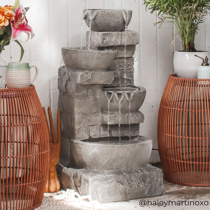 Cascading Bowls & Stacked Stones LED Outdoor Water Fountain image number 6