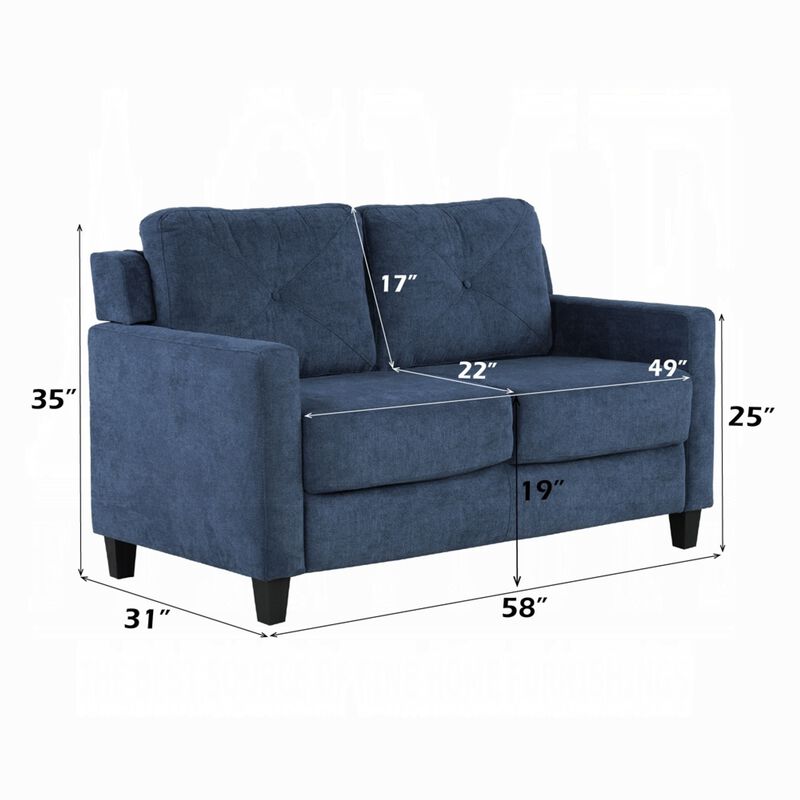 Royi Loveseat, Track Armrest, 58 Inch, Blue Fabric w Tufted Backrest