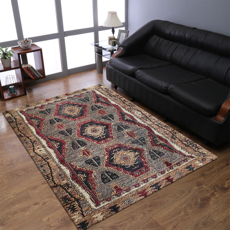 HAND KNOTTED SUMAK JUTE ECO-FRIENDLY Oriental AREA RUGS  - 5'x8', Rectangle Shape, Multicolor Color, Oriental, High Pile, Natural Fiber, Outdoor Indoor Handmade Area Rugs for Living Room (J00019)