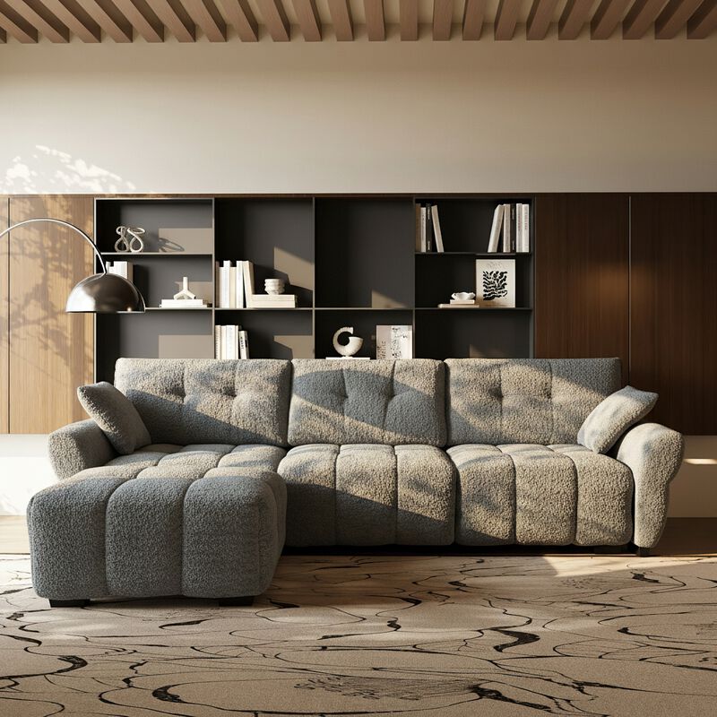 FUFU&GAGA Modern L-Shaped Sofa Set with Ottoman, Includes 2 Pillows, Textured Fabric, (110.2 in. W x 61 in. D x 35.4 in. H), Gray