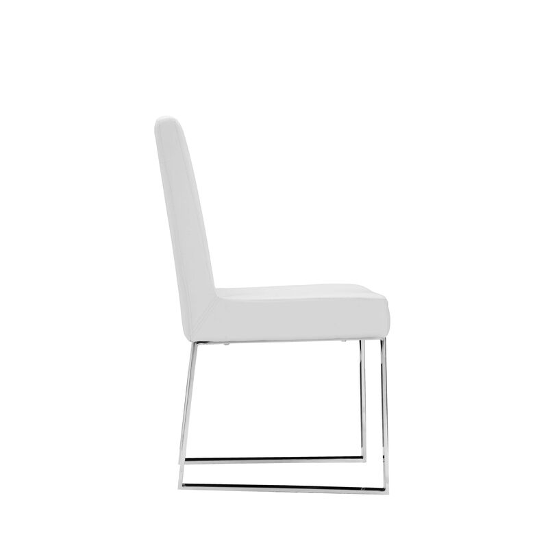Ien 25 Inch Dining Chair Set of 2, Armless, White Faux Leather, Chrome - Benzara
