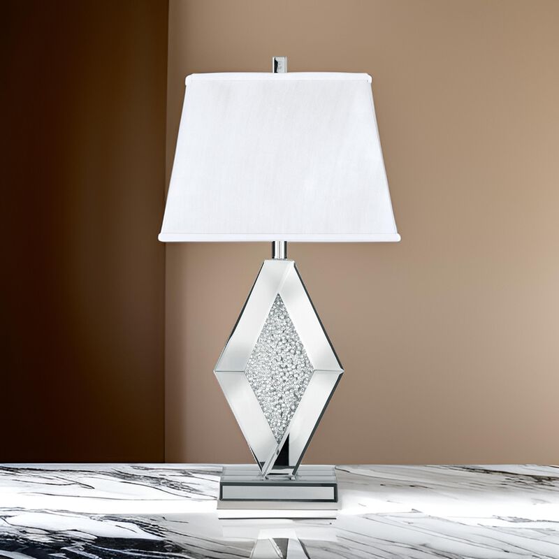 30 Inch Table Lamp, Mirrored Crystal Accent Geometric Base, Chrome, White - Benzara