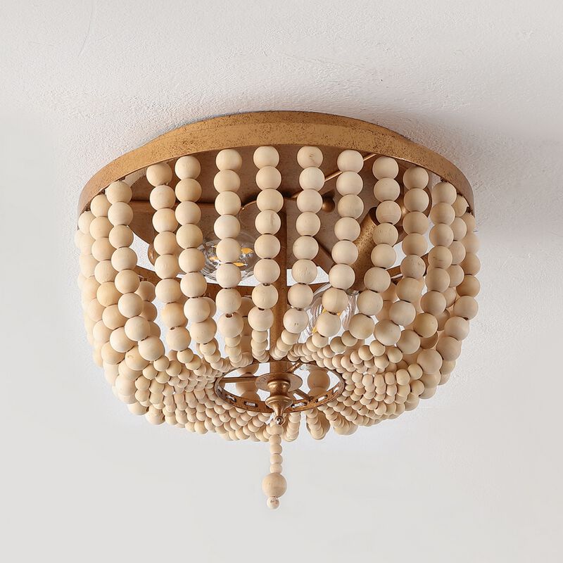 Allison 2-Light Shabby Chic Farmhouse Wood Beaded/Metal LED Flush Mount