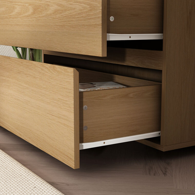 FUFU&GAGA 3-Drawer Wood Grain Nightstand with Slanted Fronts and No Handles, Rustic Bedside Storage Cabinet (32.3 in. H x 30.3 in. W x 15.7 in. D), Oak Wood Finish