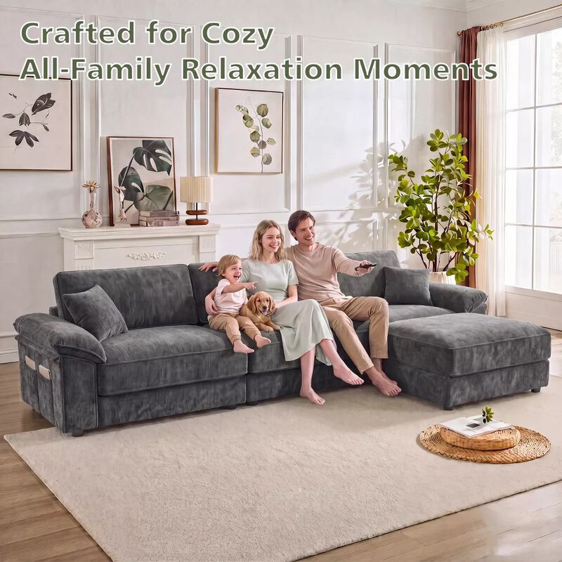 Vipbear 118" Modular L-Shaped Cloud Couch with Movable Ottoman, Chenille Sectional Sofa Living Room image number 7