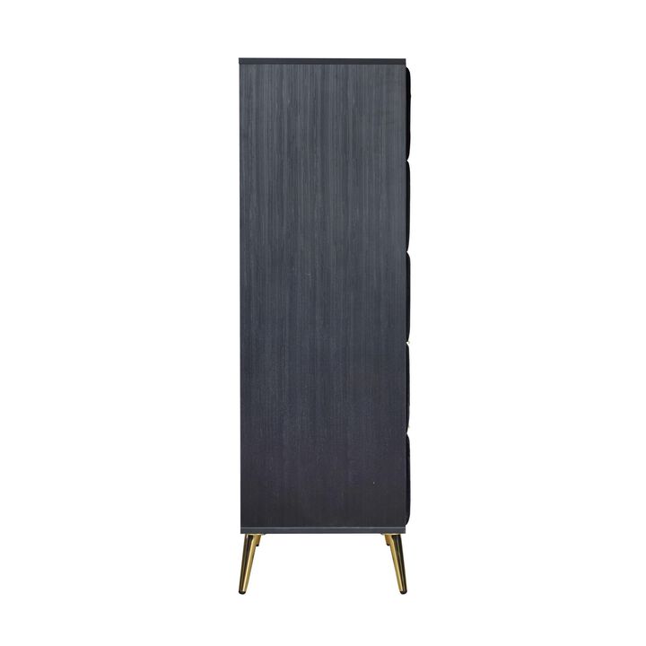 Benjara, Black, Gold Moko 51 Inch Tall Dresser, 5 Soft Upholstered Drawers