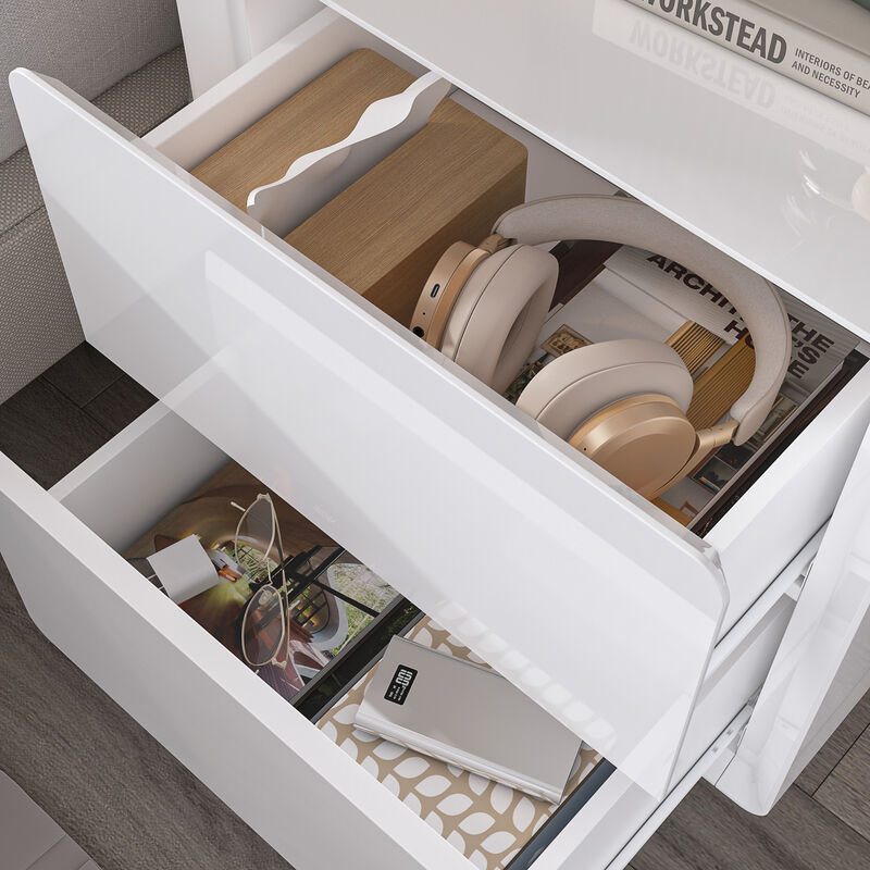 FUFU&GAGA LED Nightstand with 2 Drawers and USB Charging Port, High Gloss MDF Construction, Modern Design (19.6" W x 20" H x 15.7" D),White