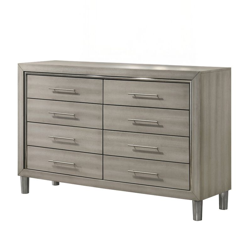 Levy 64 Inch Wide Dresser, 8 Drawers, Silver Trim, Ash Gray Laminate Wood image number 5