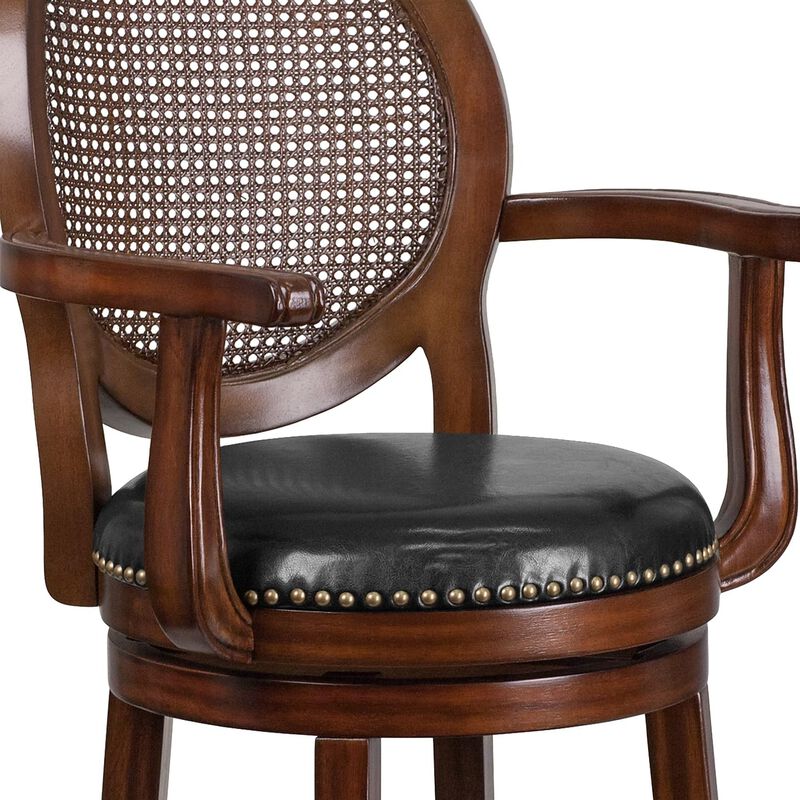 Flash Furniture Victor 30'' High Expresso Wood Barstool with Arms, Woven Rattan Back and Black LeatherSoft Swivel Seat