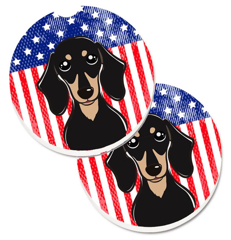 Caroline's Treasures American Flag & Smooth black & Tan Dachshund Set of 2 Cup Holder Car Coasters BB2145CARC, 2.56, Multicolor
