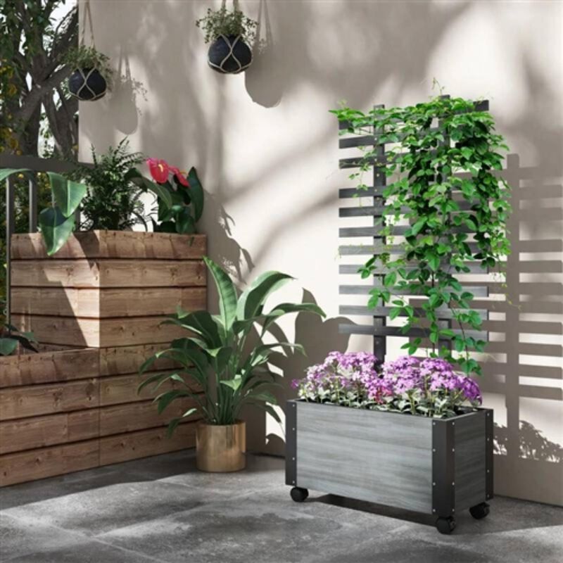 Hivvago Modern Farmhouse Grey Wood Raised Garden Bed Planter on Wheels with Trellis