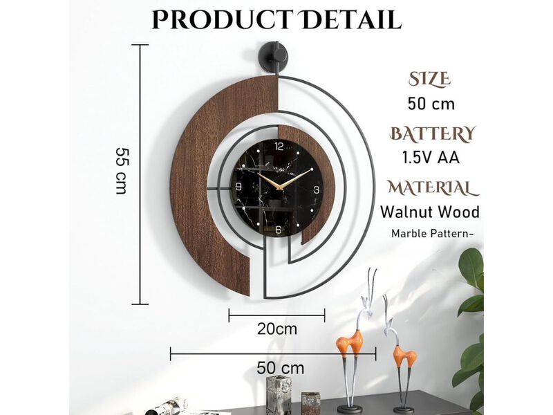 22" Modern Walnut Marble Dial Wall Clock - Silent Non-Ticking Wood Metal Frame for Living Room & Bedroom image number 2