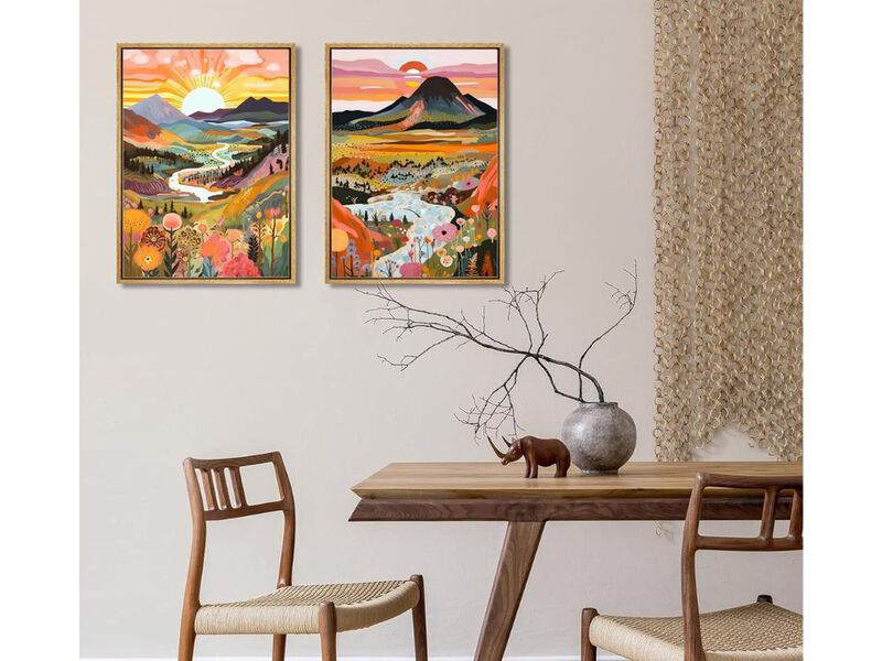 2Pcs Framed Boho Mountain Canvas Wall Art Abstract Sunrise Sunset Decor image number 1