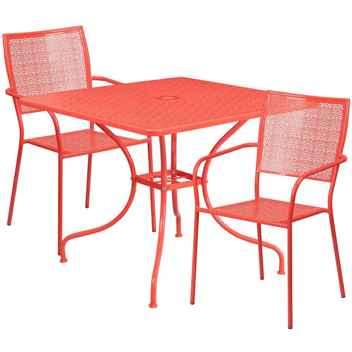 Flash Furniture Commercial Grade 35.5" Square Coral Indoor-Outdoor Steel Patio Table Set with 2 Square Back Chairs