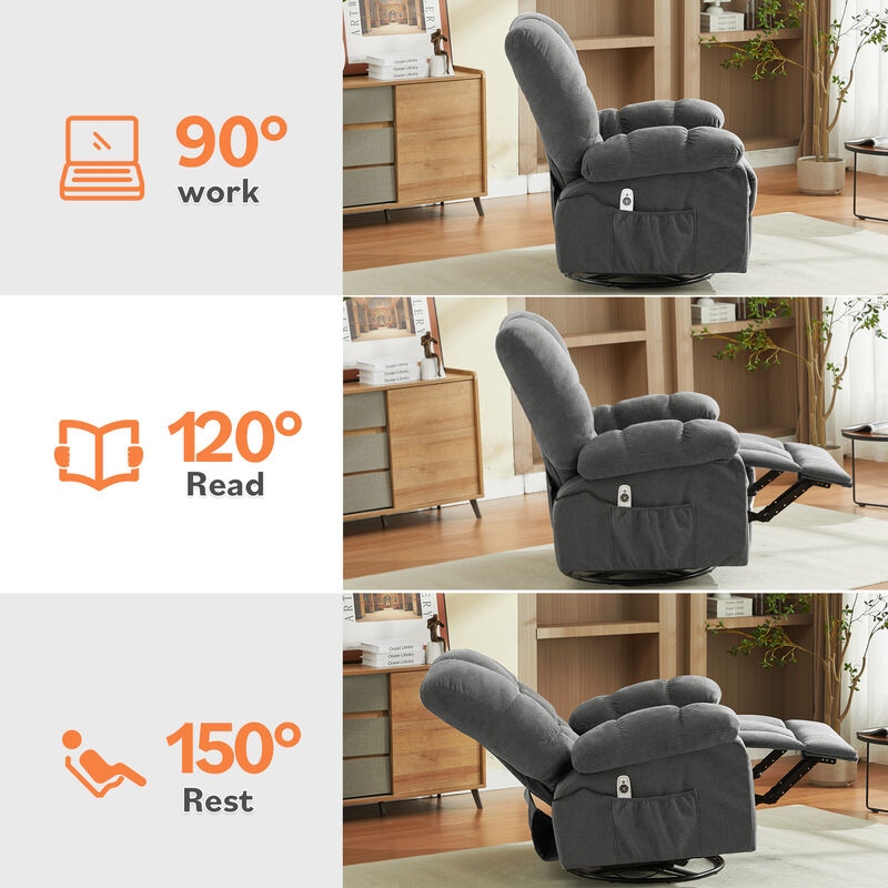 Swinging Recliner Massage Heated Sofa, With USB and 2 Cup Holders in Side Pockets
