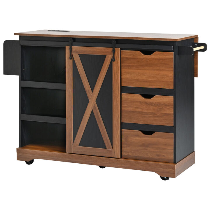 Merax Farmhouse Kitchen Island with Drop Leaf & Power Outlet - Rolling Storage Cart with Barn Door