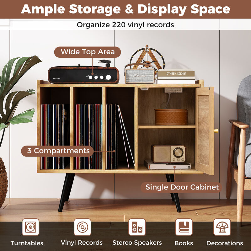 Record Player Stand with Rattan Cabinet and Charging Station for Living Room-Natural image number 5