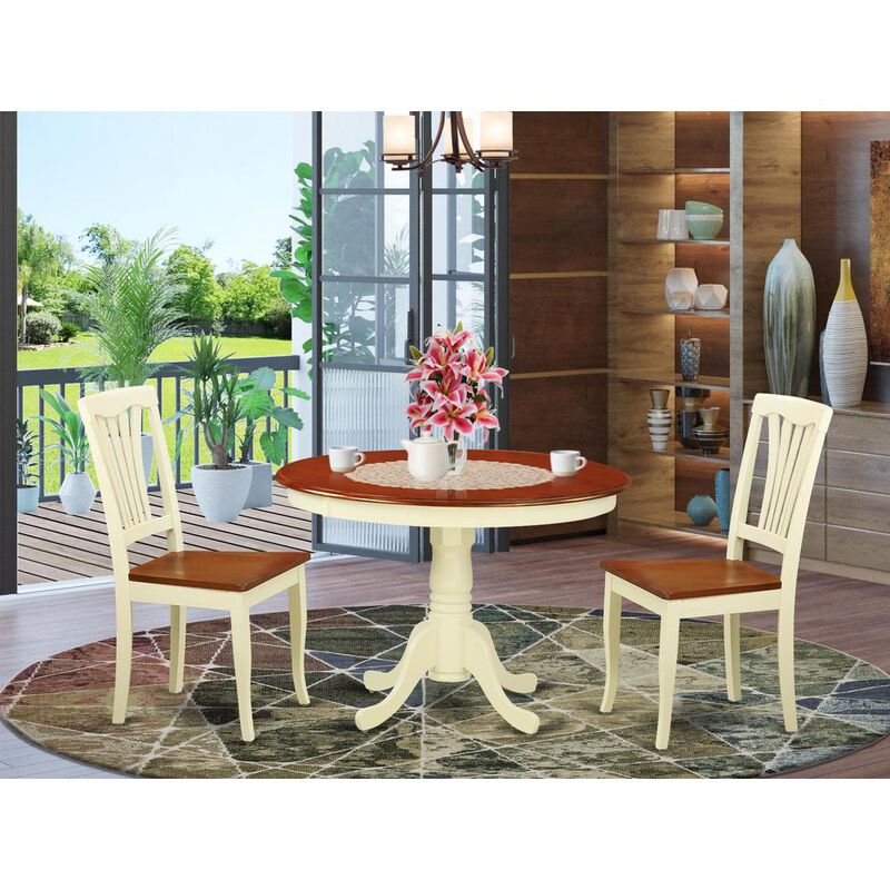 East West Furniture 3  Pc  set  with  a  Round  Small  Table  and  2  Wood  Dinette  Chairs  in  Buttermilk  and  Cherry  .