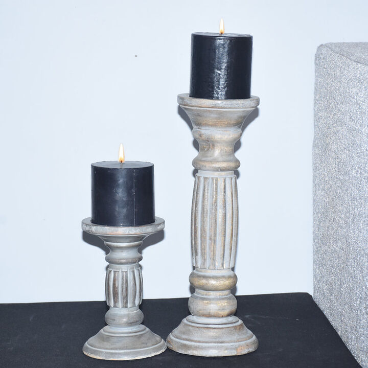 Traditional Antique Dusk Eco-friendly Handmade Mango Wood Set Of Two 6" & 12" Pillar Candle Holder
