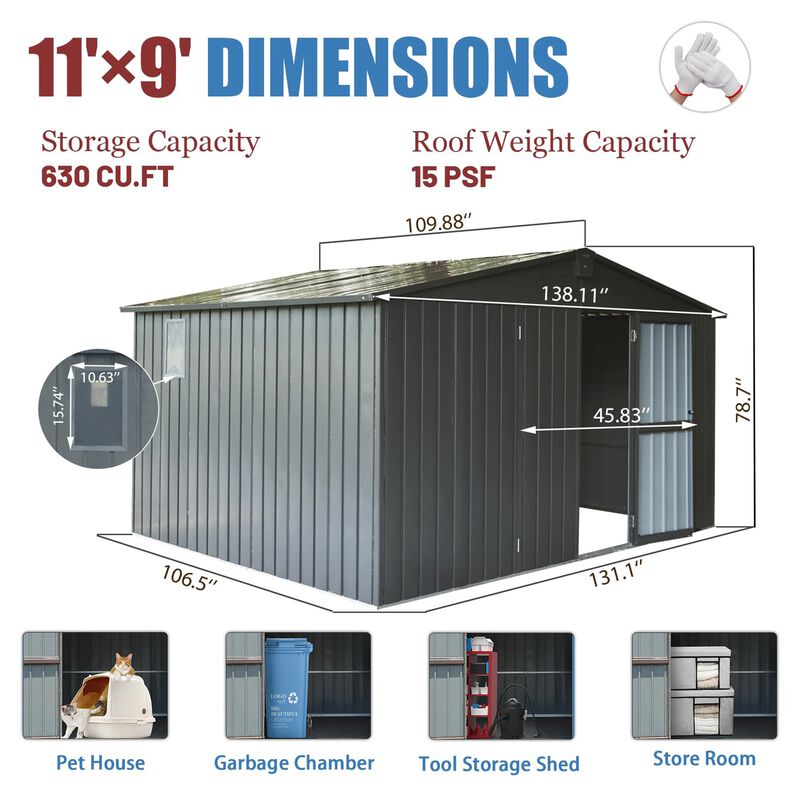 CLIHOME 11x9Ft Patio Galvanized Steel Frame Storage Shed,Garden Shed Metal Utility Tool Storage Room with Double Lockable Doors image number 6