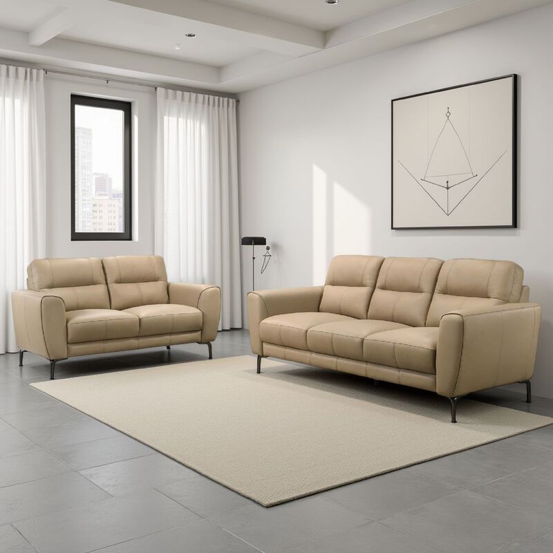 Hena 2pc Sofa and Loveseat Set, Modern Style, Light Beige Full Leather - Benzara image number 1