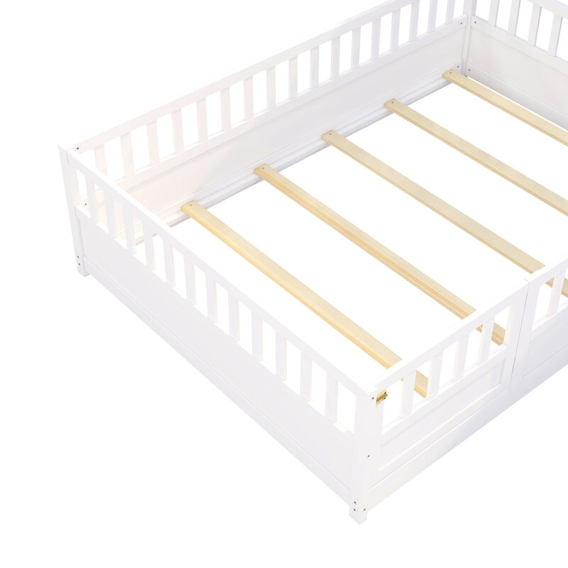 Children's Floor Bed Frame with Integral Construction Super High Security Barrier and Door for Safety