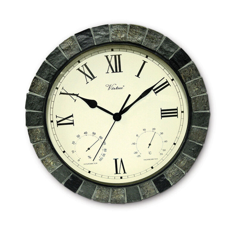 15" Battery Operated Faux Stone Large Print Roman Numeral Outdoor Clock with Thermometer and Hygrometer image number 1
