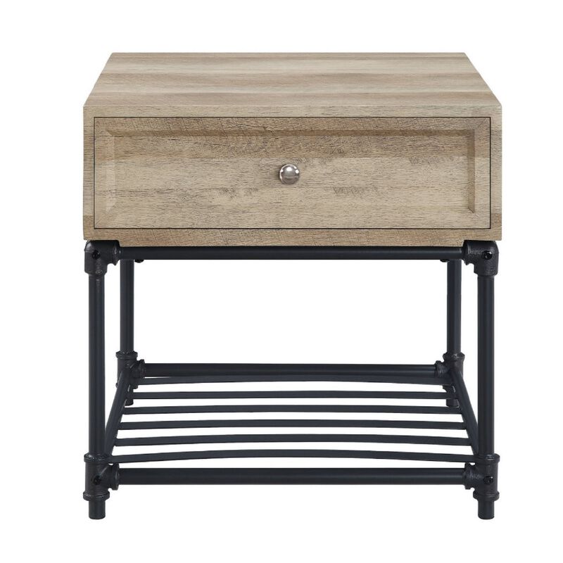 Ley 22 Inch End Table, 1 Drawer, Industrial Design, Slatted Shelf, Oak-Benzara