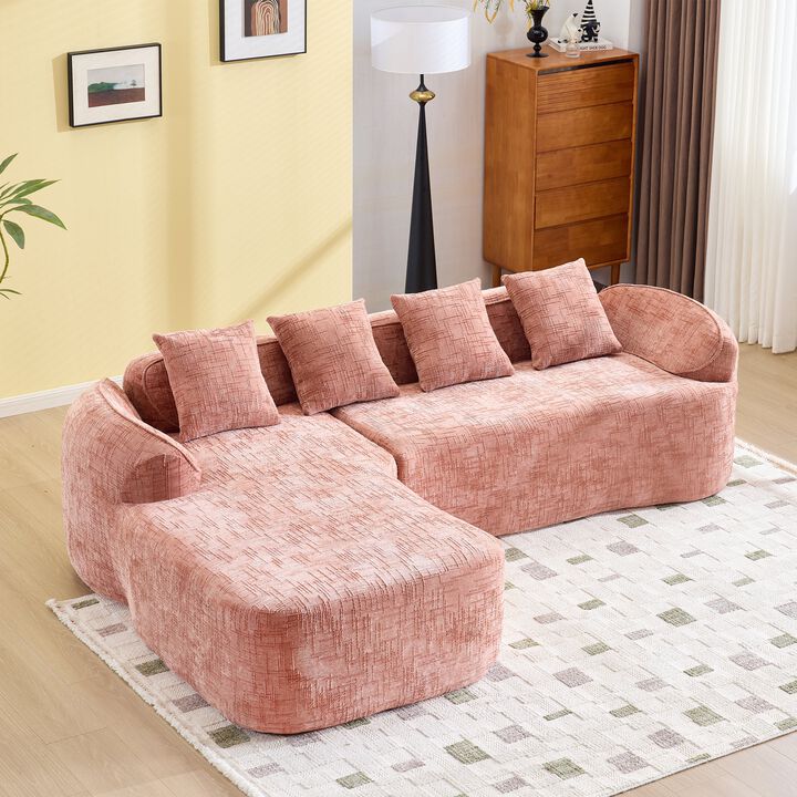 Clihome Chenille L-Shaped Compressed Sofa. High-Elastic Sponge, Curved Armrests And Four Throw Pillows.