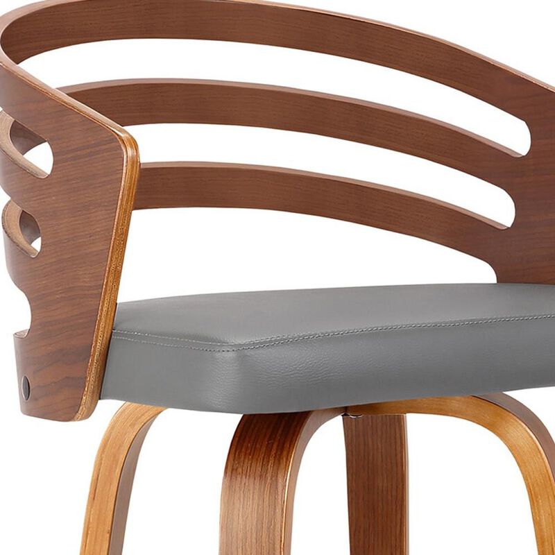 Hivvago 30 Inch Gray and Brown Fabric and Iron Low Back Bar Height Swivel Bar Chair