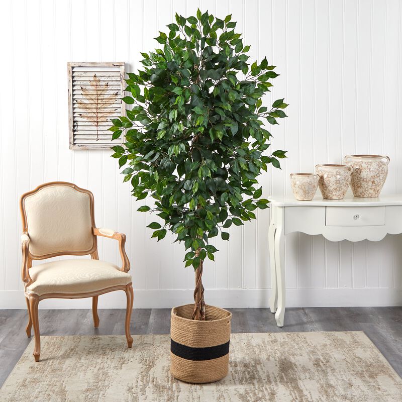 HomPlanti 6 Feet Ficus Artificial Tree with Natural Trunk in Handmade Natural Cotton Planter