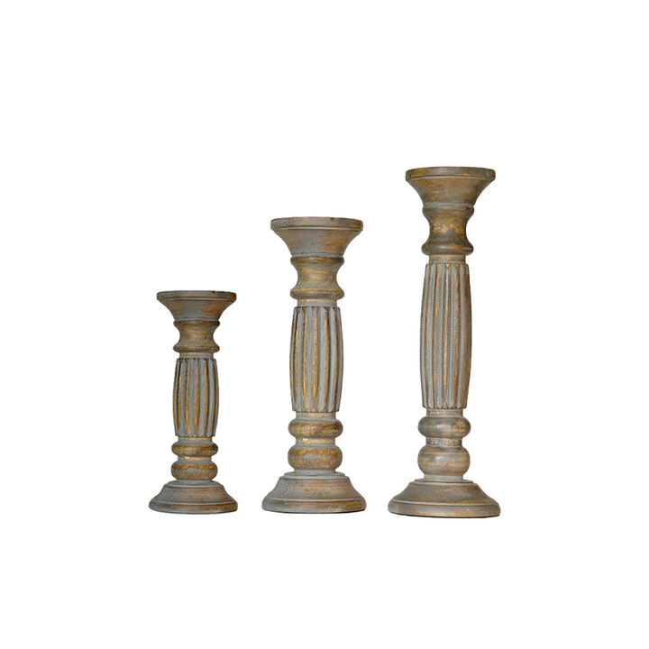 Traditional Gray Wash Eco-friendly Handmade Mango Wood Set Of Three 9",12" & 15" Pillar Candle Holder